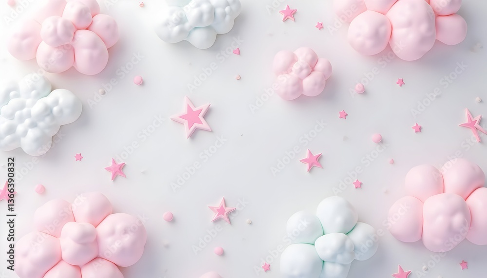 Pink and white fluffy clouds and stars on a white background Pink and white fluffy clouds and stars on a white background