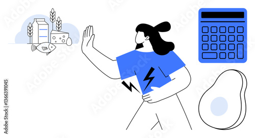 Woman rejecting allergenic foods thumbs up dairy and fish, holding stomach, accompanied by calculator and avocado. Ideal for health, allergy, nutrition, diet, food choices, awareness well-being