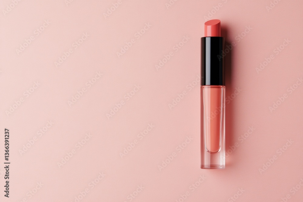 The image features a top view of an open tube of liquid lip stick and its accompanying applicator wand, set against a pastel pink backdrop with ample copy space The image features a top view of an open tube of liquid lip stick and its accompanying applicator wand, set against a pastel pink backdrop with ample copy space