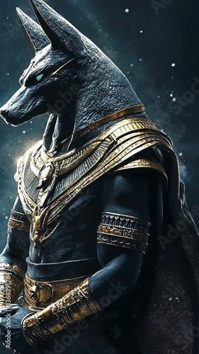 Ancient god statue with a canine head and elaborate armor in a mystical setting