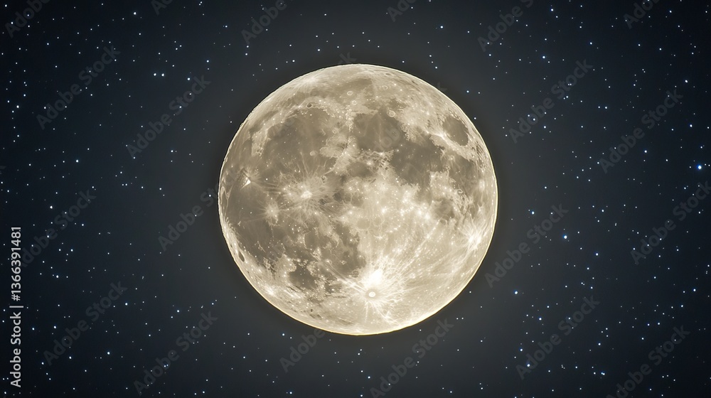 Fototapeta premium A captivating view of the full moon glowing brightly against a dark, starry sky. Perfect for astronomy enthusiasts, nightscape designs, or celestial-themed concepts.. AI Generation