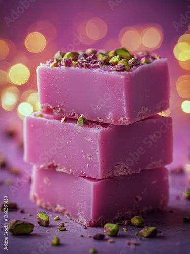 Colorful Pink Sweets Stacked With Pistachios on a Vibrant Background During a...