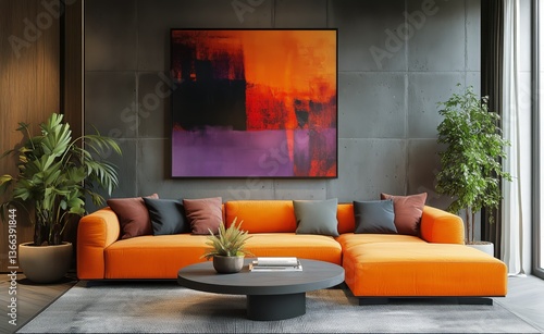 Cozy Modern Living Room Featuring an Orange Sofa and Colorful Wall Art in a S...