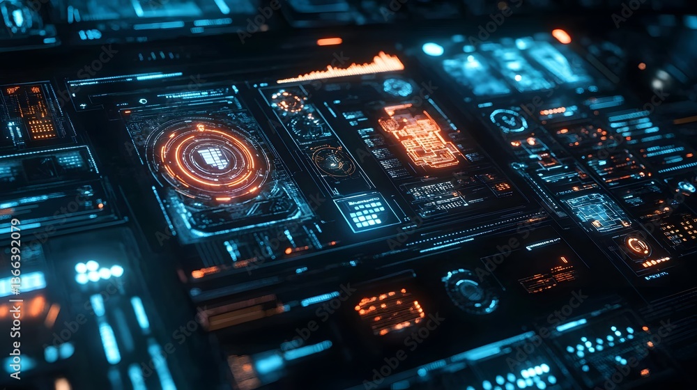 Fototapeta premium futuristic digital interface with intricate details and glowing lights, it shows the interface of a spaceship