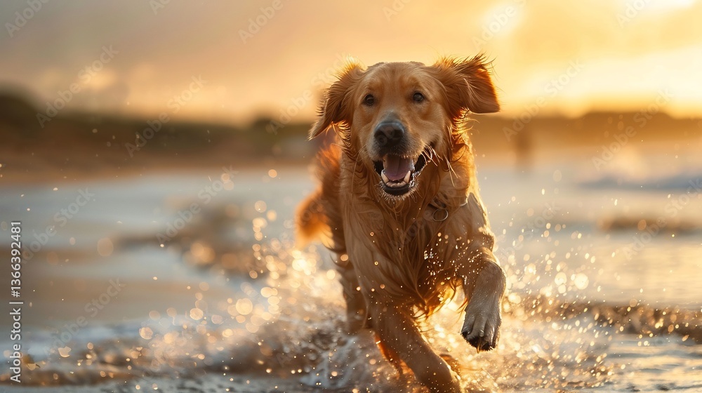 Elated Golden Retriever sprinting along shoreline sunrise ears flapping wind mouth open joyful pant occasionally leaping into shallow waves chase after a thrown frisbee embodying pure canine happiness Elated Golden Retriever sprinting along shoreline sunrise ears flapping wind mouth open joyful pant occasionally leaping into shallow waves chase after a thrown frisbee embodying pure canine happiness
