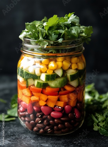 Colorful Vegetable Salad in Jar With Layers of Fresh Ingredients Ready for Se...