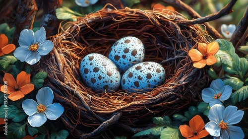 Nest with eggs surrounded by flowers