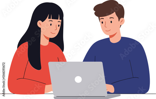 Two young professionals collaborating on a laptop with a modern flat design style in a bright, engaging atmosphere vector illustration