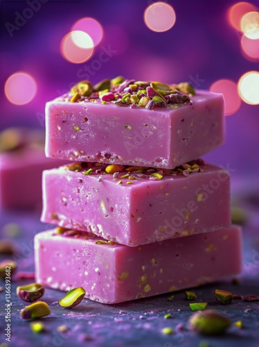 Colorful Pink Sweets Stacked With Pistachios on a Vibrant Background During a...