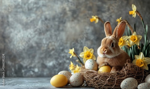 Cute Rabbit in a Wicker Basket Surrounded by Colorful Eggs and Spring Flowers...