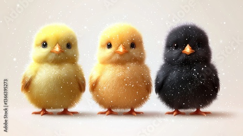 Cute fluffy chicks in a row