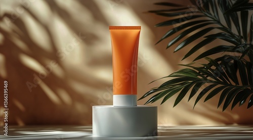 Bright Orange Skincare Tube Displayed on a Pedestal With Natural Plant Shadow...