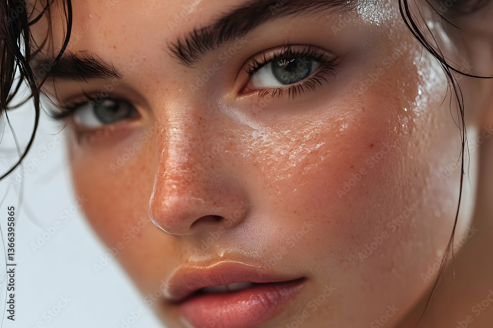 Fototapeta premium Close-up of a Woman's Face with Freckles and Glowing Skin, Showing Natural Beauty