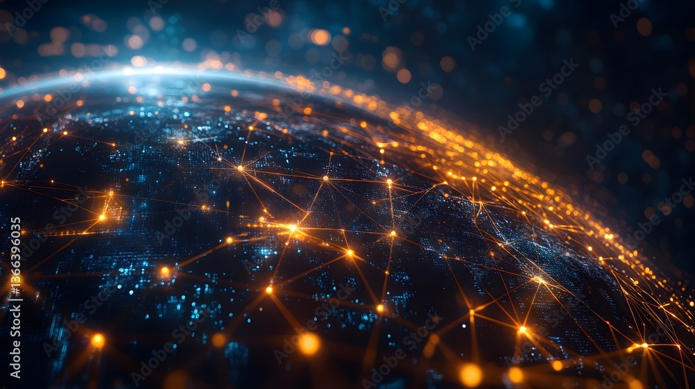 Obraz premium A futuristic digital representation of Earth, interconnected by a network of glowing lights. The image conveys a sense of technological advancement and global connectivity