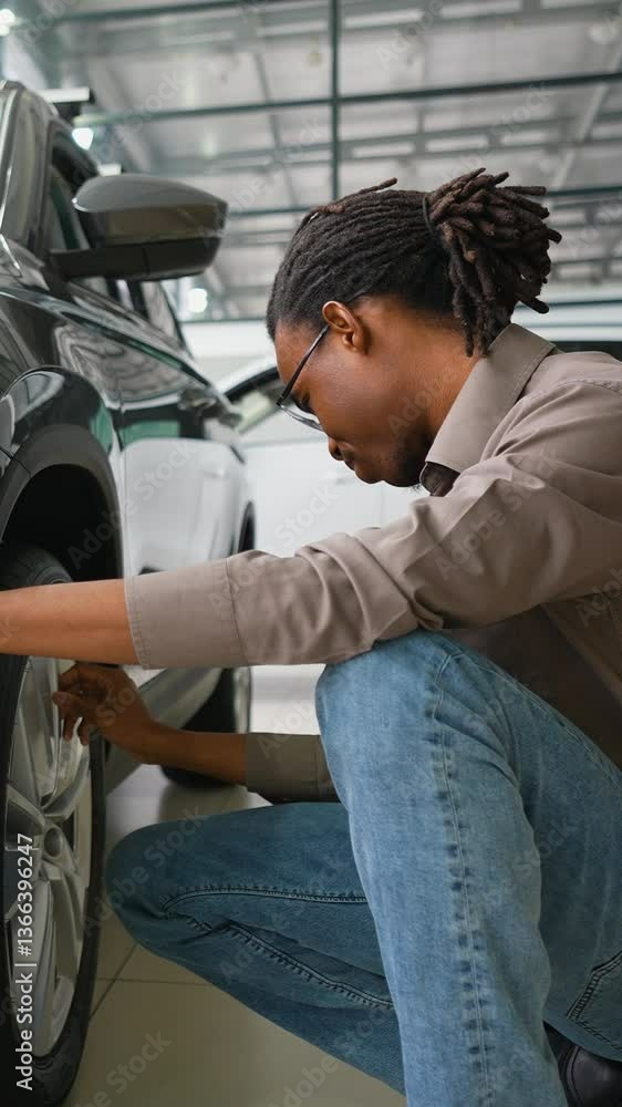 Man Inspecting New Car Exterior at Dealership Showroom Man Inspecting New Car Exterior at Dealership Showroom