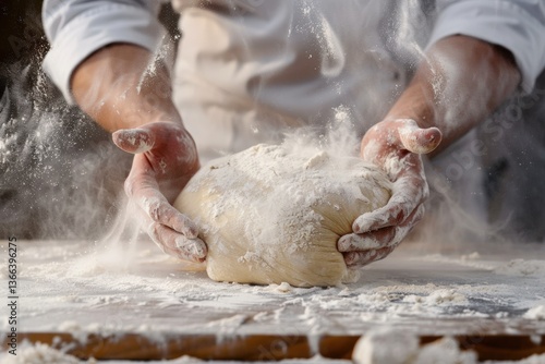 Hands kneading dough with flour flying in the air creating a dynamic scene of baking preparation showcasing the art of bread making healthy eating concept