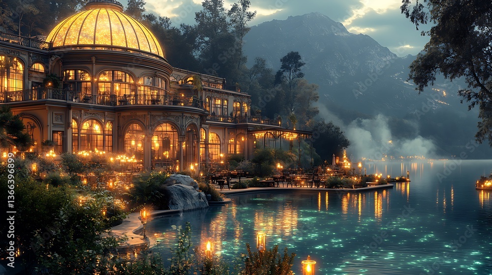 Fototapeta premium A Luxurious hotel with some car and a beautiful swimming pool and garden and beautiful background 