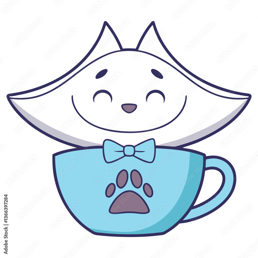 Cartoon White Cat with Bow Tie in Blue Cup with Paw Print on White Cartoon White Cat with Bow Tie in Blue Cup with Paw Print on White