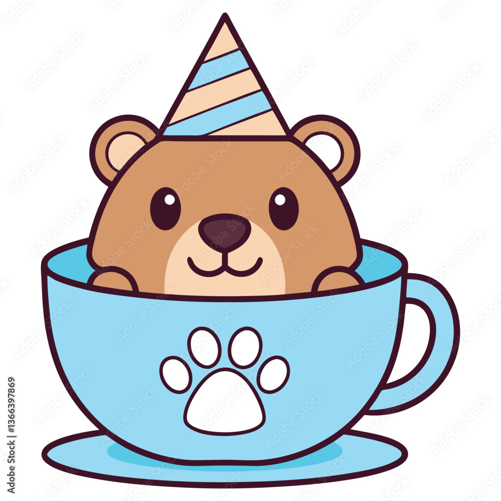 Fototapeta premium Cartoon Brown Bear in Blue Cup with Party Hat on Isolated White Background