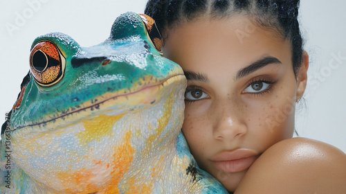 Model rests gently beside giant fantasy frog glowing skin vibrant surreal colors dreamy atmosphere close expression magical creature wild beauty connection light peaceful imaginative portrait mood