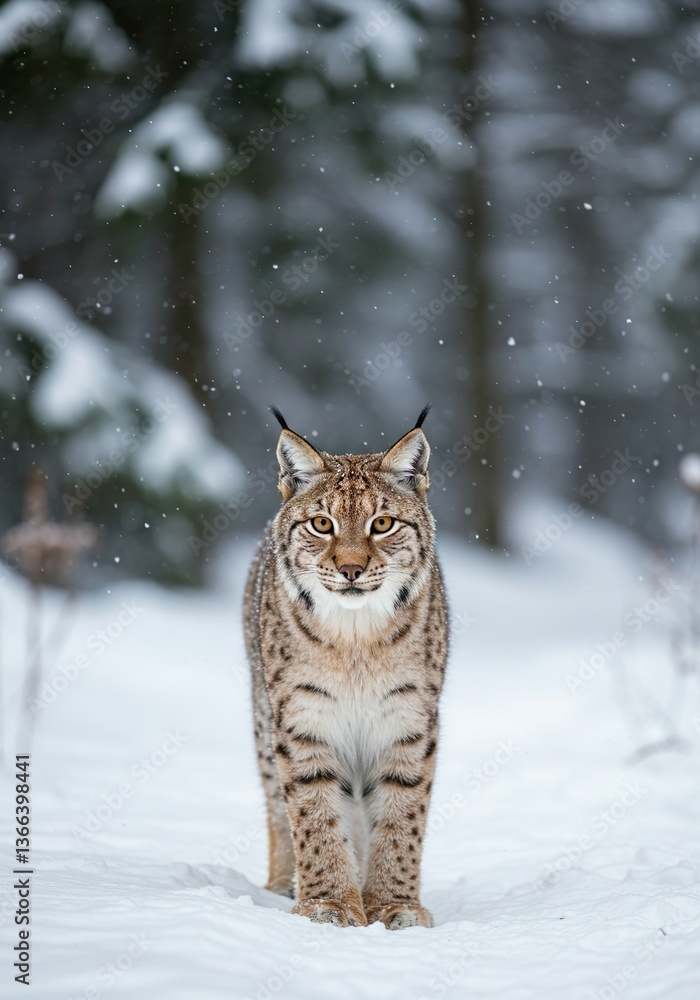 Obraz premium Eurasian Lynx Walking in Snowy Winter Forest – Majestic Wildlife Portrait
