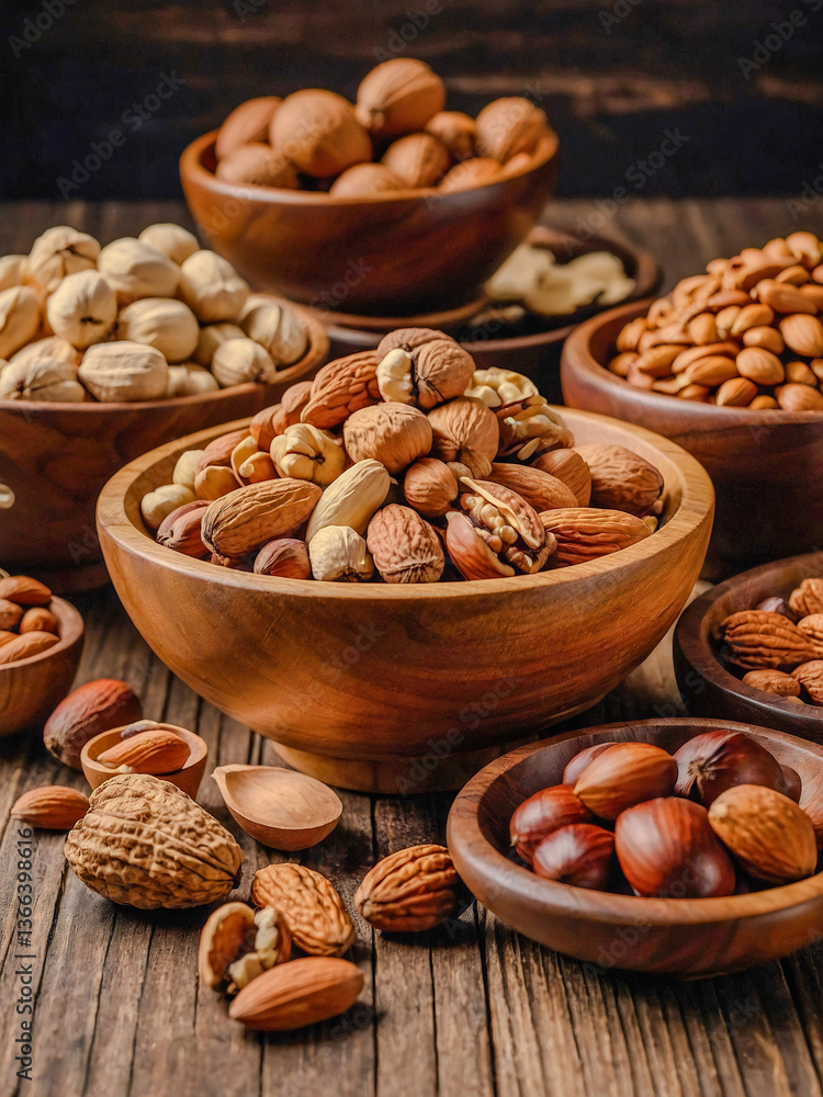 Assorted nuts displayed in wooden bowls, showcasing texture and variety