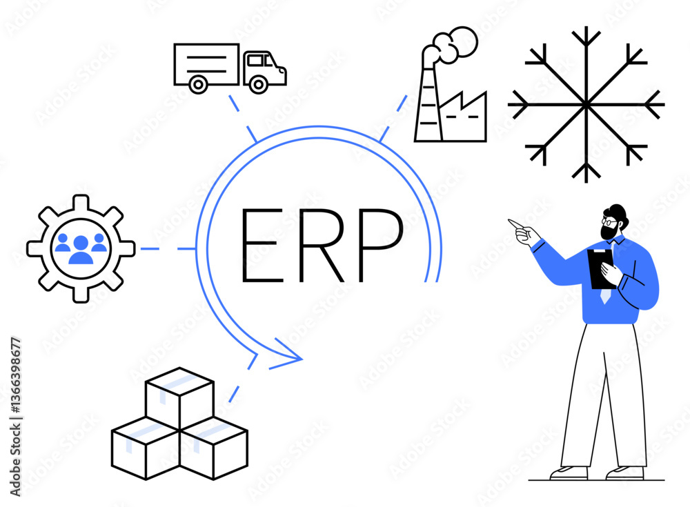 ERP concept surrounded by icons for logistics, factory, gear, snowflake, and cubes as key components. Ideal for resource planning, automation, supply chain, business process logistics ERP concept surrounded by icons for logistics, factory, gear, snowflake, and cubes as key components. Ideal for resource planning, automation, supply chain, business process logistics