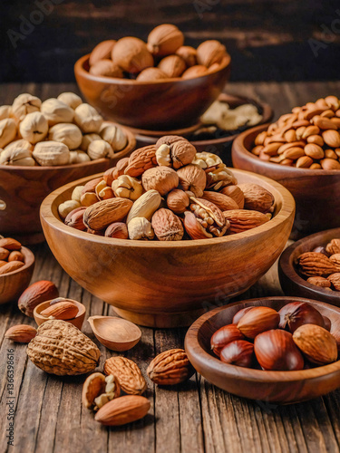 Obraz na płótnie Assorted nuts displayed in wooden bowls, showcasing texture and variety w salonie