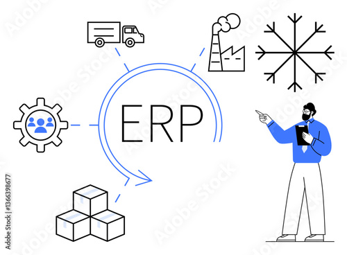 ERP concept surrounded by icons for logistics, factory, gear, snowflake, and cubes as key components. Ideal for resource planning, automation, supply chain, business process logistics