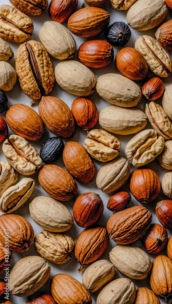 Assorted nuts flat lay on white background, simple to place on any background Assorted nuts flat lay on white background, simple to place on any background