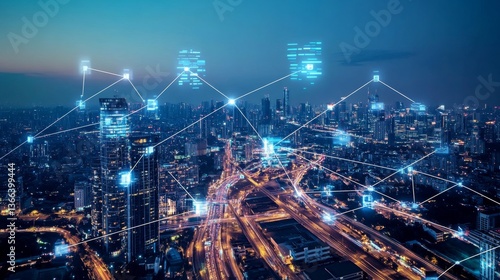 Fototapeta Naklejka Na Ścianę i Meble -  An AI powered system enhancing smart cities by analyzing data from infrastructure, traffic, and public services to improve urban planning and resource allocation