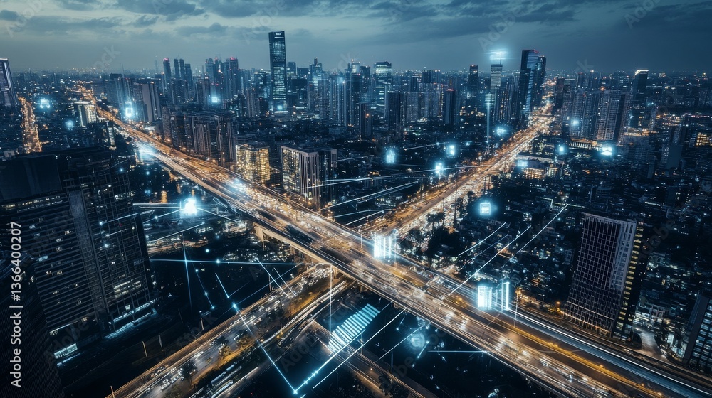 Fototapeta premium An AI powered system enhancing smart city infrastructure by analyzing traffic patterns, pollution levels, and energy usage to optimize urban planning and resources