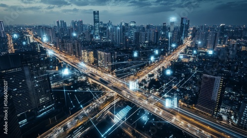 Fototapeta Naklejka Na Ścianę i Meble -  An AI powered system enhancing smart city infrastructure by analyzing traffic patterns, pollution levels, and energy usage to optimize urban planning and resources