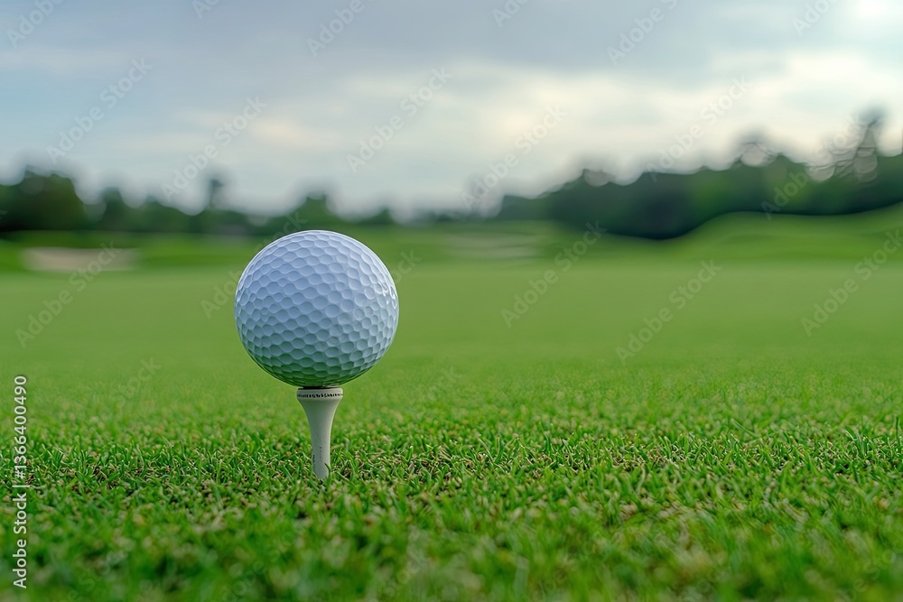 A tranquil golf course bathed in the soft glow of sunrise, featuring a wooden tee nestled in vibrant green grass A tranquil golf course bathed in the soft glow of sunrise, featuring a wooden tee nestled in vibrant green grass