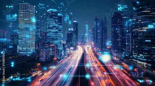 Fototapeta Naklejka Na Ścianę i Meble -  An AI powered system enhancing smart city infrastructure by analyzing traffic patterns, pollution levels, and energy usage to optimize urban planning and resources