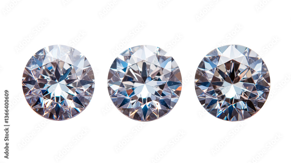 Three sparkling round diamonds on black background, cut out transparent Three sparkling round diamonds on black background, cut out transparent