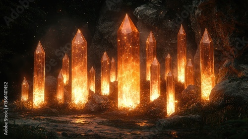 Crystal pillars glowing with inner fire