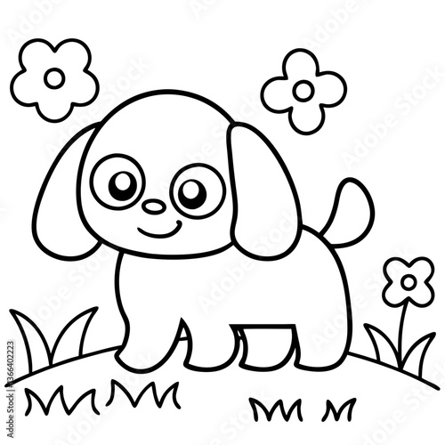 Playful Puppy: An adorable, illustrated puppy frolics cheerfully, its simple lines capturing the innocence of youth, accompanied by flowers and grass