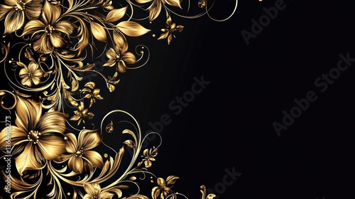 Ornate gold floral border on black background, elegant design, for invitations, cards or websites