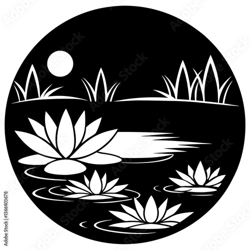 Water lily pond with reflection of sunrise silhouette vector illustration