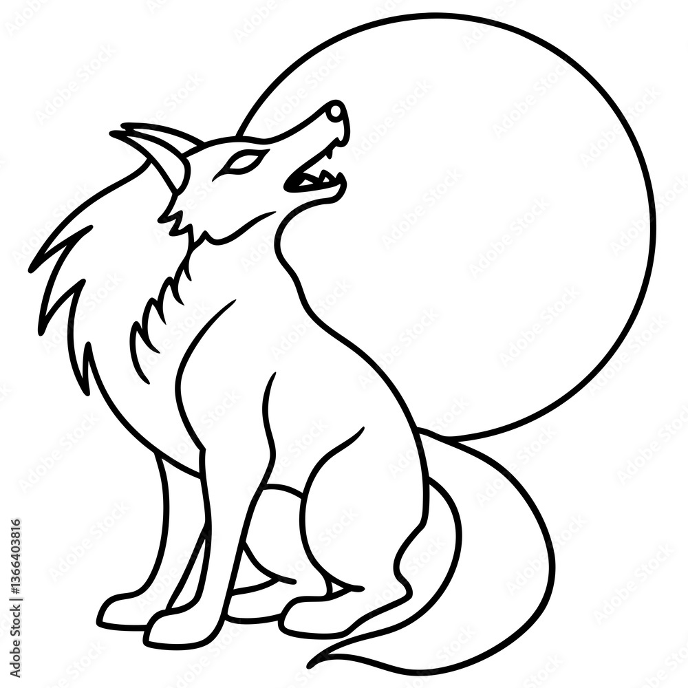 Obraz premium Werewolf howling at a full moon line art vector illustration