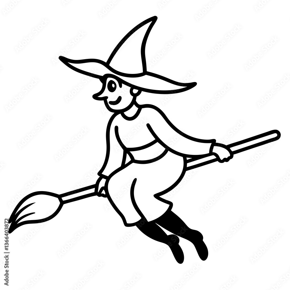Fototapeta premium Witch Flying On A Broomstick line art vector illustration