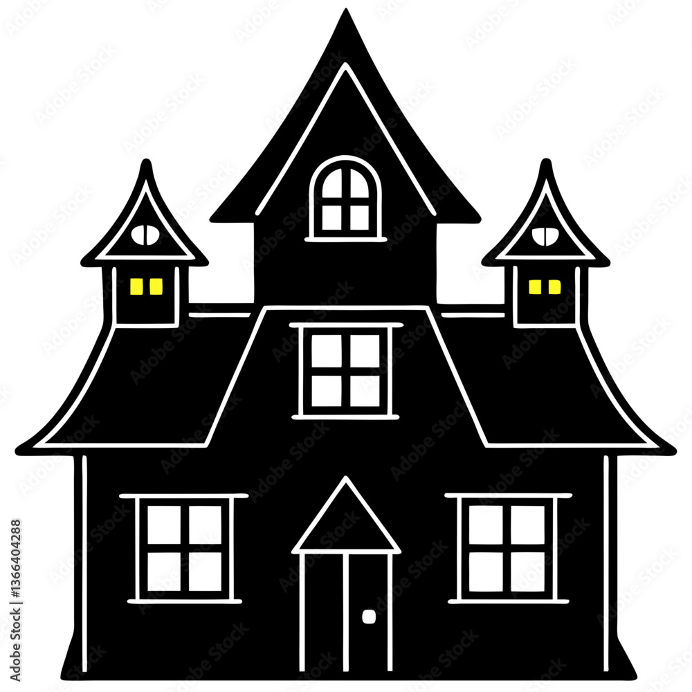 Haunted House with glowing windows silhouette vector illustration Haunted House with glowing windows silhouette vector illustration