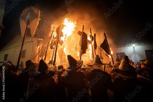 young people holding torches during the celebration of el vitor, in the town of mayorga, Valladolid on september 27 as every year.