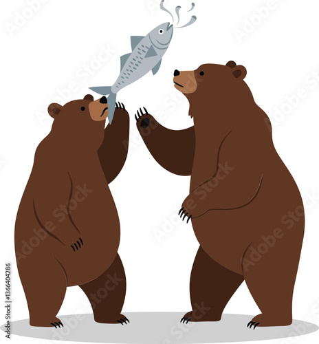 Two playful brown bears engaging in a friendly competition over a fish in a flat vector illustration