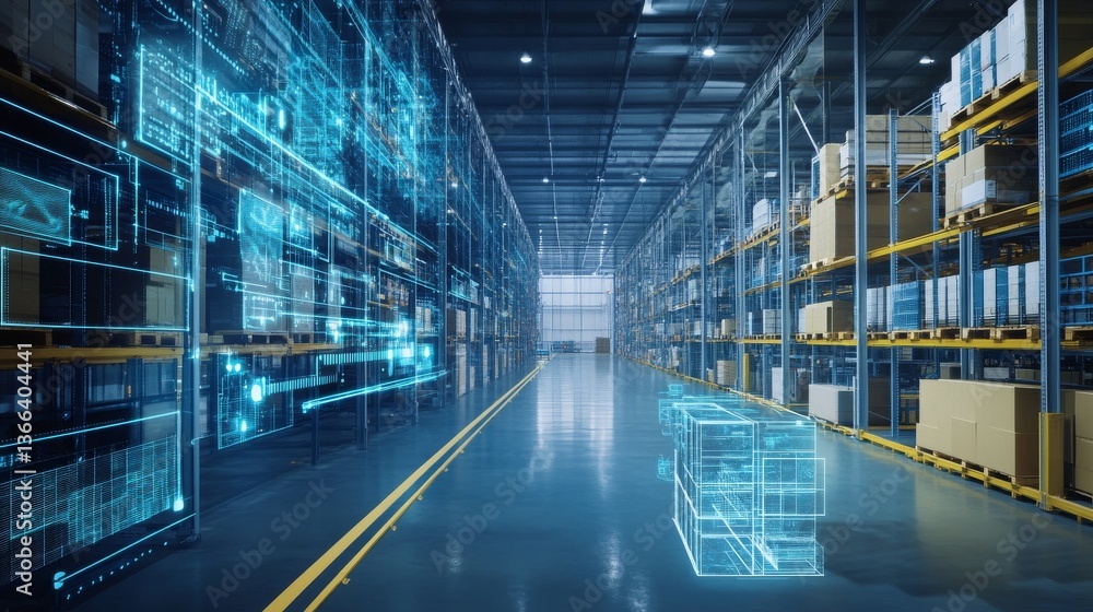 Obraz premium An AI powered system enhancing supply chain management by analyzing logistics data, AI-assisted demand forecasting, and real-time shipment tracking for more efficient operations