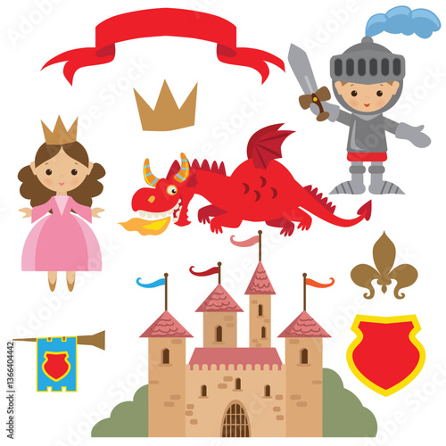 Medieval fairy tale princess, knight and red dragon vector cartoon illustration