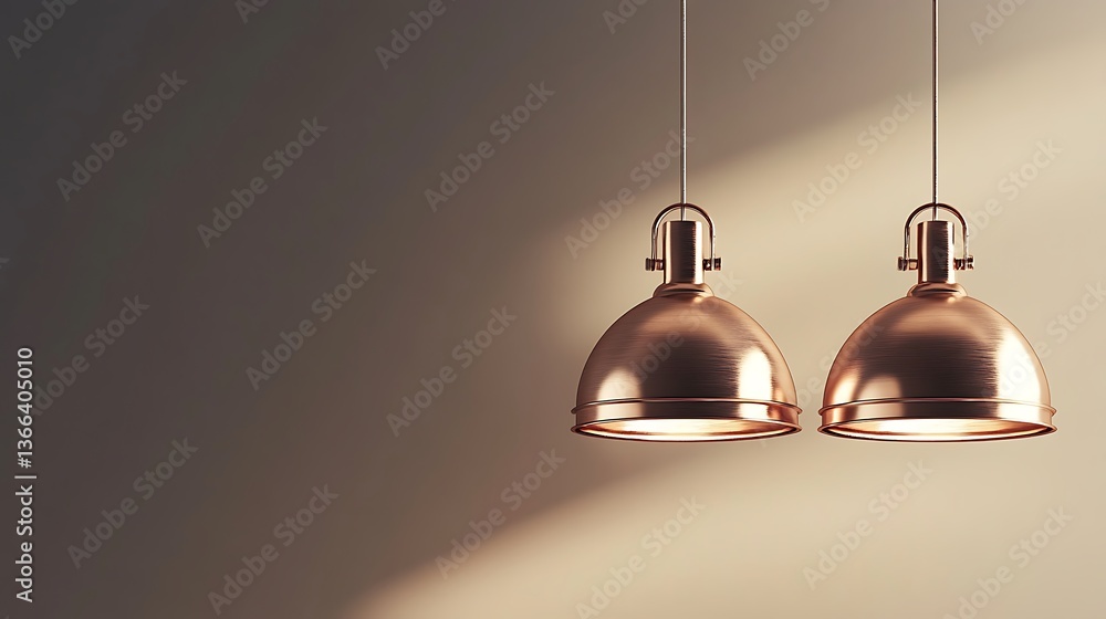Obraz premium Elegant copper pendant lights illuminating a minimalist interior, showcasing modern design and warm lighting in a sophisticated setting.