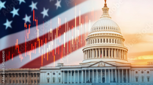 U.S. Capitol building at sunset with American flag overlay and financial stock market candlestick chart, symbolizing economy, politics, and national financial policy.
