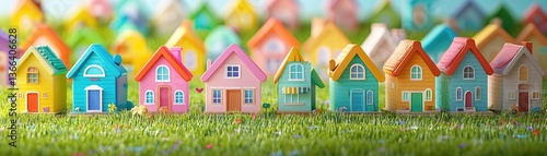 Colorful miniature houses in a grassy field